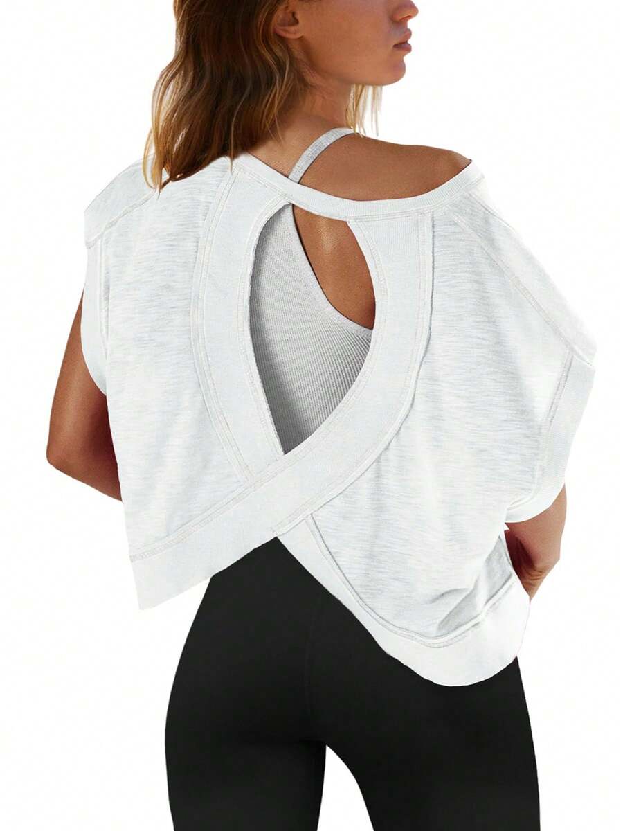 Womens Casual Sexy Short Batwing Sleeve Backless Round Neck Cotton Blends T-Shirt, Regular Hem Style With Slight Stretch Fabric - 白色 - 查看 1