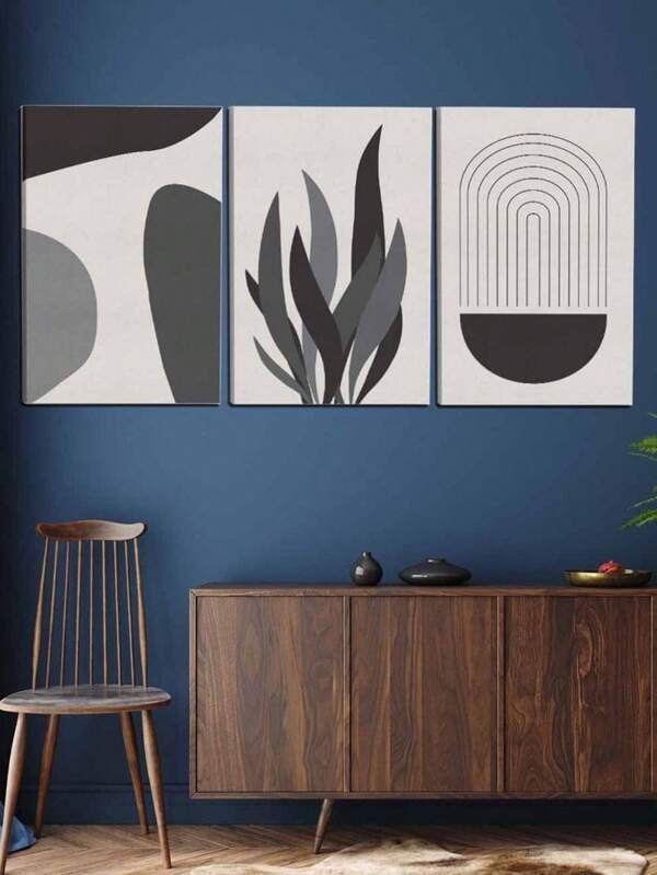 LOWHA Set Of 3 Framed Canvas Wall Arts Stretched Over Wooden Frame, Abstract Tropical Foliage Paintings, For Home, Living Room, Office Decor