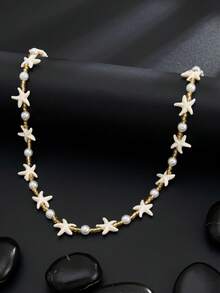 1pc Bohemian Style Starfish & Pearl Necklace, Retro Fashion Beaded Necklace For Men