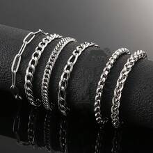 6pcs Simple Stainless Steel Chain Bracelet Set, Universal Daily Versatile Vacation Date Gift Casual Matching For Men And Women - Silver - View 6