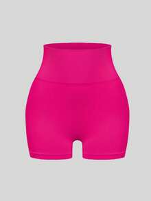 大码女式无缝高腰纯色针织运动短裤，瑜伽健身骑行短裤，舒适亲肤时尚运动服 - 玫紅色 - 查看 3
