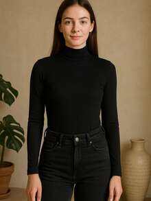 Long Sleeve Turtleneck Simple Casual Knitted Bodysuit - 黑色 - 查看 7