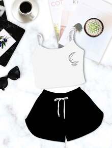 Women's Pajama Set Cropped White Crescent Moon Black Shorts - trắng - Xem 1