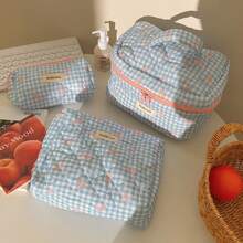 1pc SML Korean Style Plaid Bow Makeup Bag, Large Capacity Portable Travel Toiletry Organizer