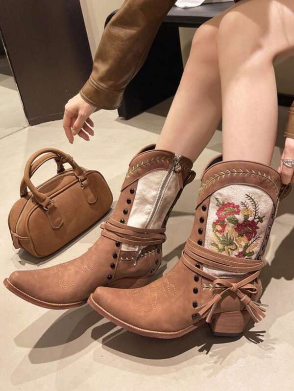 Women's Rivet Decor Fashion Pointed Toe High Heel Western Boots, New Retro Embroidery Print Thick Heel Side Zipper Slim Ankle Boots