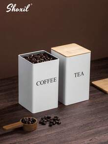 shoxil 3pcs Coffee Tea Sugar Canister Set For Kitchen Countertop, Metal Canisters With Airtight Bamboo Lid, Coffee Jar Sugar Jar Tea Jar, Coffee Tea Sugar Container Set, Square Kitchen Containers For Food Storage