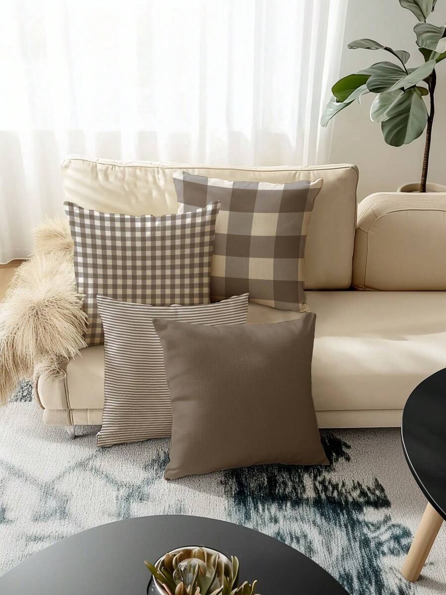 4 vỏ gối in họa tiết kẻ caro nâu, phong cách mộc mạc đơn giản, vỏ gối trang trí nhà cửa cho ghế sofa, vỏ gối vuông bằng polyester, vỏ gối trang trí hiện đại cho ghế sofa. - màu nâu - Xem 1