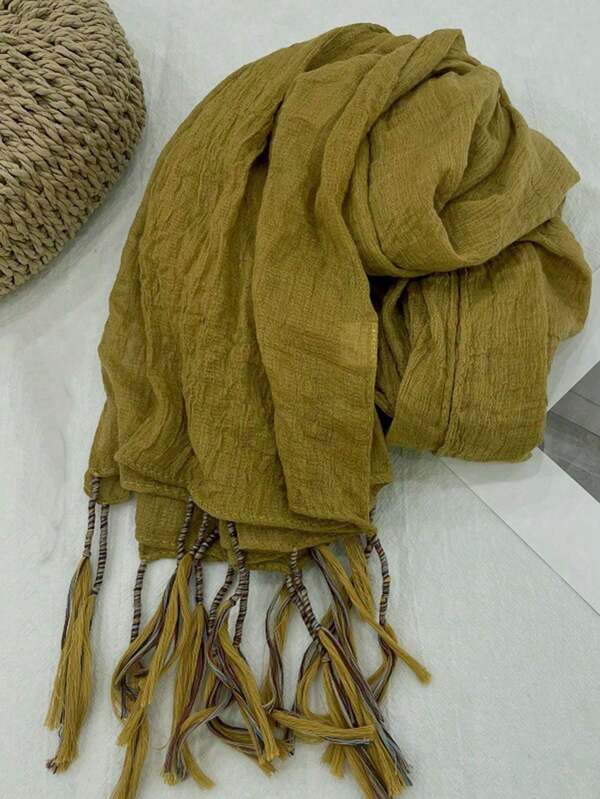 Linen Scarf With Tassel Retro Female Outing Sunscreen Large Solid Color Bohemia Vintage Shawl Decorative Scarves Winter Fall