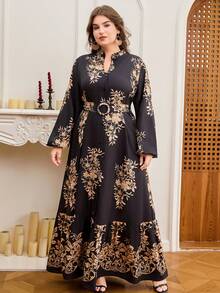 DEARCASE 大码女式V领灯笼袖优雅印花连衣裙