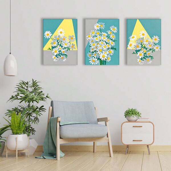 3 Piezas Arte de pared de lienzo con margaritas, cuadros, pinturas, carteles, impresiones de margaritas, decoración floral, estética minimalista, elegante y moderna para sala de estar, dormitorio, baño, comedor y oficina, con marco