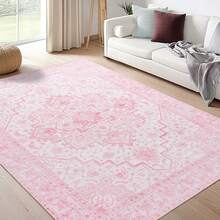 Washable Pink Area Rug For Living Room, Vintage Printed Carpet Floral Rug Foldable Indoor Rug Low Pile Soft Carpet Stain Resistant Non-Slip Suitable For Living Room Bedroom Dining Room Office Apartment - Hồng - Xem 1