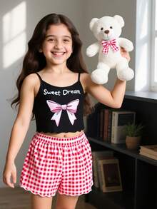 Sweet Girl's 2-Piece Pajama Set With Pink Bow Top And Pink Gingham Shorts, Elegant & Cute Design For Vacation, Casual Daily Wear And Lounging At Home, Summer, Soft Fabric