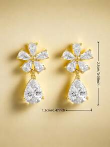 1 Pair Tear Drop Flower Stud Earrings, Elegant Zirconia Earrings For Women, Suitable For Daily, Party, Wedding And Other Occasions
