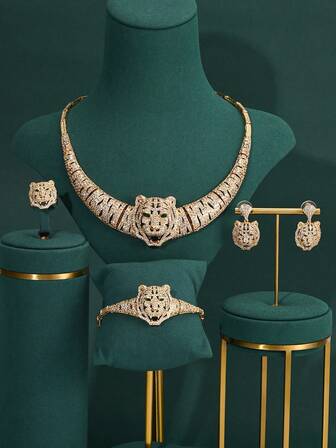 4-delars lyxset: Guldfärgad tiger & leopard kubisk zirkonia halsband, örhängen, ring, armband smyckeset. Bröllopssmycken för brud och brudpar