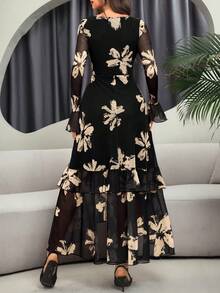 Women's Elegant Sexy Long Sleeve Y2K Romantic Pleated Two-Layer Long Sleeve Abstract Leopard Print Dress