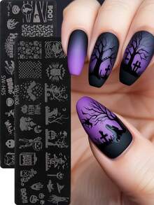 2 件万圣节风格美甲印花模板、美甲装饰板、卡通图案、DIY 美甲工具、节日美甲设计