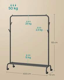 Portant à Vêtements avec Roulettes, 1 Barre, Porte-manteau, en Acier, Charge 50 kg, Largeur de 103,5 cm, Rangement Polyvalent, Noir - Noir - Voir 5