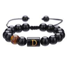 1pc Natural Black Agate 26 Letter Beaded Adjustable Braided Bracelet, Suitable For Various Occasions Like Festivals, Sports, Casual, Business Wear