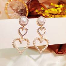 1 对女孩优雅珍珠和钻石镶嵌心形耳环，时尚女孩耳环 - 米色 - 查看 4