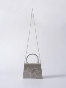 时尚优雅女士晚宴手拿包/单肩包，饰有蝴蝶结和闪亮水钻，璀璨夺目。适合派对、聚会、婚礼、舞会、晚宴和约会等场合。金色/银色可选，晚宴包。圣诞节/冬季圣诞礼物。 - 銀色 - 查看 5