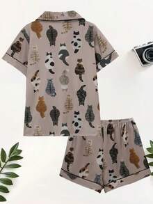 2 件套女士夏季透气短袖睡衣套装，Polo 领纽扣短袖上衣和松紧腰短裤，卡通猫咪图案，舒适宽松，适合所有季节 - 彩色 - 查看 5