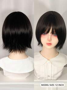 1 Piece Of Natural Black Synthetic Heat-Resistant Short Hair, 12 Inches Long, Made Of Fiber, Suitable For Daily Use, Natural And Realistic Wig. - Natural Black - View 8