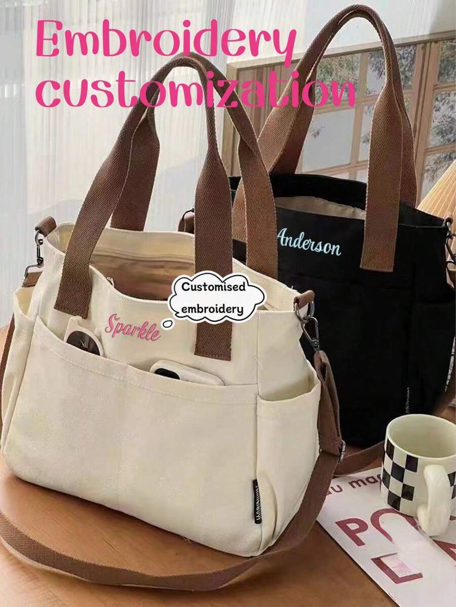 1pc Personalized Women's Canvas Tote Bag, Fashionable Versatile Work/Commute Shoulder Bag, Portable Lightweight Organizer Bag, College Style Large Capacity Student Book Handbag, Multifunctional Embroidered Letter Tote, Suitable For Daily Use, Can Be Given As Gifts To Family, Friends, Mothers, As Personalized Gifts For Mother's Day, Valentine's Day, Nurse's Day, Teacher's Day, Christmas Birthday, Etc.,School Supplies,Back To School,School Gift,For Office,For School,For Classroom,For Teacher Gifts,For University,For Colleague,For Dorm Rooms,For Teacher,For Boys And Girls,For Teenagers,Junior High School Students,Middle School Students,High School Senior High School Students,College Students,University Students,Freshman,Sophomore,Underclassmen