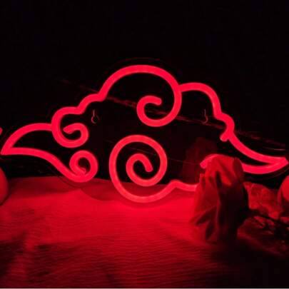 1个红色云朵LED霓虹灯，动漫风格墙饰，9种模式开关控制，无需电池，USB供电，适合动漫迷，可用于卧室、游戏室和私人空间墙面装饰。