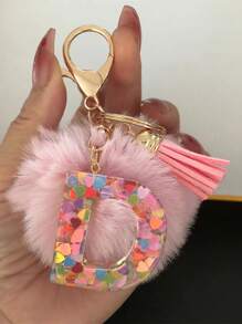 1 Pç Chaveiro de Pelúcia com Letra Inicial do Alfabeto, Chaveiro de Pelúcia com Pompom, Pingente para Bolsa, Mochila, Pingente para Carro, Presente para Mulheres e Meninas, Chaveiro de Resina com Lantejoulas, Acessórios para Carteira e Bolsa, Chaveiro com Borlas, Letra Inicial do Alfabeto A-Y, Escola