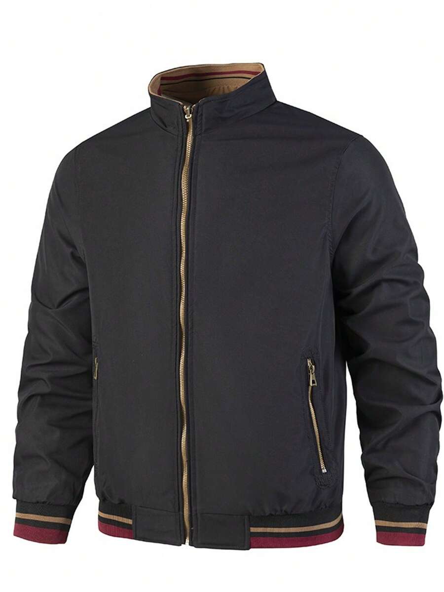 Men's Simple Daily Long Sleeve Jacket, Lightweight Green Color Block Formal Jacket For Work, Gift For Friends, Husband, Boyfriend - 黑色 - 查看 1