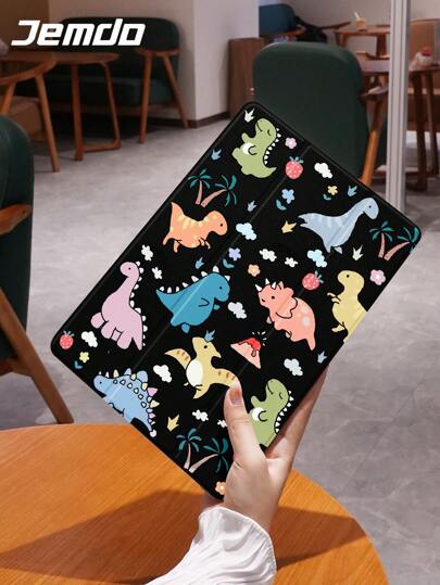 1pc Cute Dinosaur Pattern Tablet Protective Case, Black Background, Shockproof, With Pen Slot, Sleep/Wake Support, Compatible With Samsung, And IPad