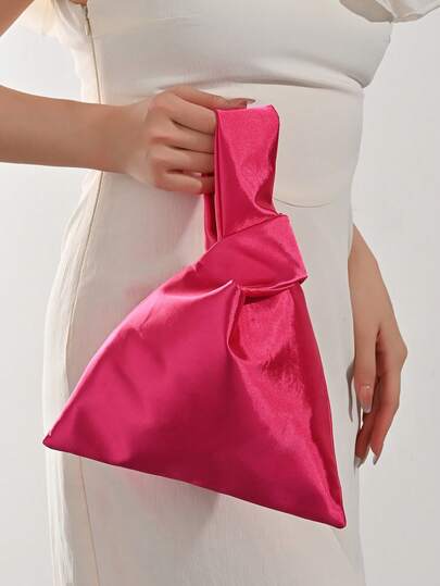 Chic Hot Pink Satin Knot Top Handle Bag, Triangle Pleated Evening Clutch For Women, Perfect For Party Prom Wedding Cocktail Dinner,Wrist Bag,Elegant Style Portable Purse,Knot Bag,Phone Wallet Clutch Bag Gift For Women,Triangle Pleated Handbag With Top Handle, Elegant Evening Clutch For Wedding Party Prom Cocktail Dinner, Lightweight Satin Purse For Date Night Gift