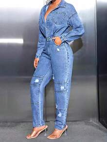Women's Summer Long Denim Jumpsuit Long Sleeve Trun Down Collar Ripped Button Up Playsuit Streetwear - Blue - View 3
