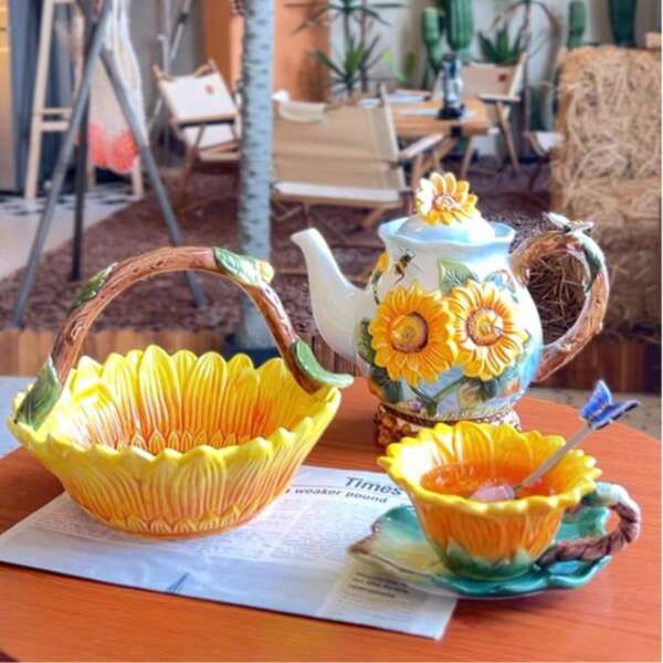 1pc Handpainted Ceramic Yellow Sunflower Series Products: Teapot/Coffeepot, Cup & Saucer Set, Tea Strainer Cup, Fruit Snack Basket, Fruit Bowl, Sauce Plate - Unique Home Kitchen Supplies & Tabletop Decor, Ideal Gift