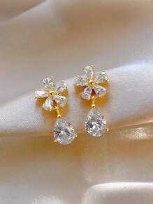 1 Pair Tear Drop Flower Stud Earrings, Elegant Zirconia Earrings For Women, Suitable For Daily, Party, Wedding And Other Occasions