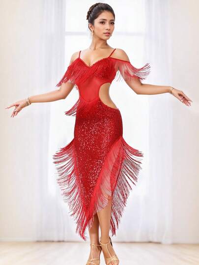 Sequin Fringe Latin Dance Dress, Mesh & Glitter Salsa Dresses For Women, Shimmery Party Skirts