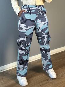 Women's Casual Camouflage Print Straight-Leg Cargo Pants - Teal Blue - View 2