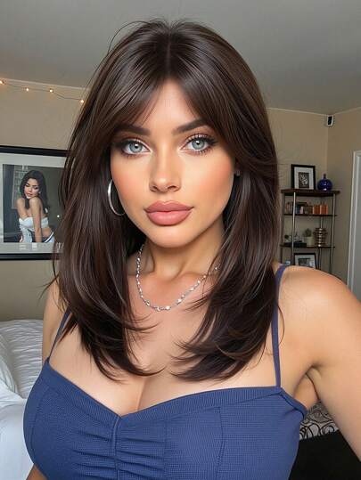 18 Inches Long Straight Dark Brown Layered Synthetic Hair Wigs With Bangs For Women Daily Party Use