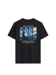 Women's Summer Personalized Letter Printed Pattern Round Neck-Shirt Fashionable And Versatile Women's Half Sleeve Small Shirt With Van Gogh Starry Print. Graphic Tees Women Pink Top White Top Black Top - 黑色 - 查看 3