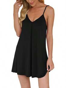 Nightgown Women Loose Sleepwear Pajama Dress Soft Nightshirt Sleeveless Nightdress Chemise - 黑色 - 查看 1