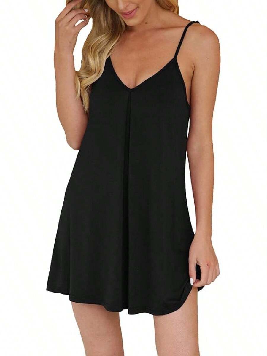 Nightgown Women Loose Sleepwear Pajama Dress Soft Nightshirt Sleeveless Nightdress Chemise - 黑色 - 查看 1