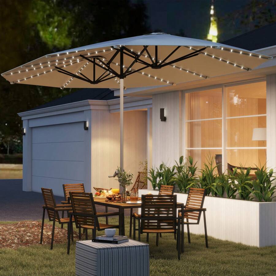 15ft Patio Umbrella Solar Lights UPF50+ Outdoor Umbrella - Cream White - View 1