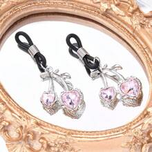Rhinestone Cherry Heart CZ Dangle Fake Nipple Rings For Women Sparkling Non-Piercing Dangle Nipplerings Nipple Fake Nipple Piercing Jewelry Sexy Women Clothing Accessories