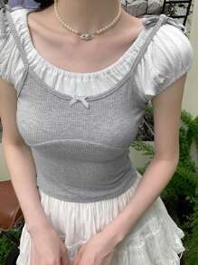 French Style Puff Sleeve 2 In 1 Short Sleeve T-Shirt, Fitted And Elegant Short Top