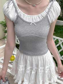 French Style Puff Sleeve 2 In 1 Short Sleeve T-Shirt, Fitted And Elegant Short Top