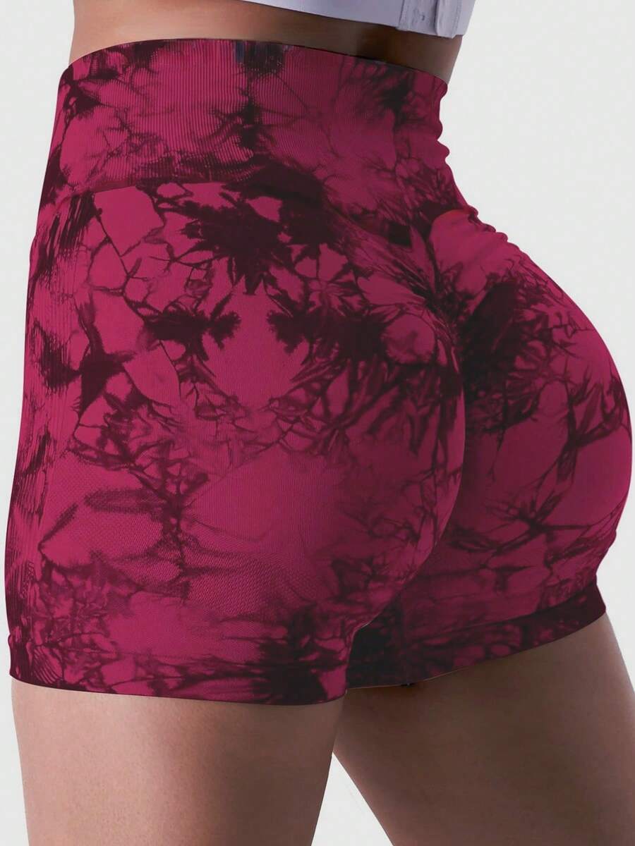 女士渲染運動短褲，提臀高腰無縫瑜伽健身褲，女式運動服裝女士拳擊短褲 - 酒紅色 - 查看 1