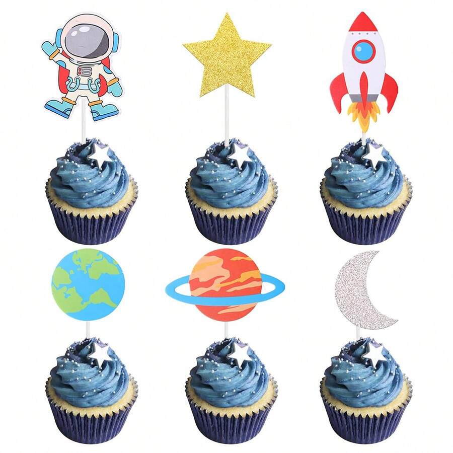 12pcs Astronaut, Planet, Rocket, Spaceship, Moon Star Cupcake Toppers, Space Themed Cake Decorations, Suitable For Baby Shower, Birthday Party