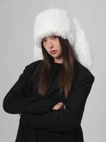 1pc Women's Spring Cute Cartoon Rabbit Ear Decoration Casual Soft Long Fur Warm Hat, Suitable For Daily Wear, Gift