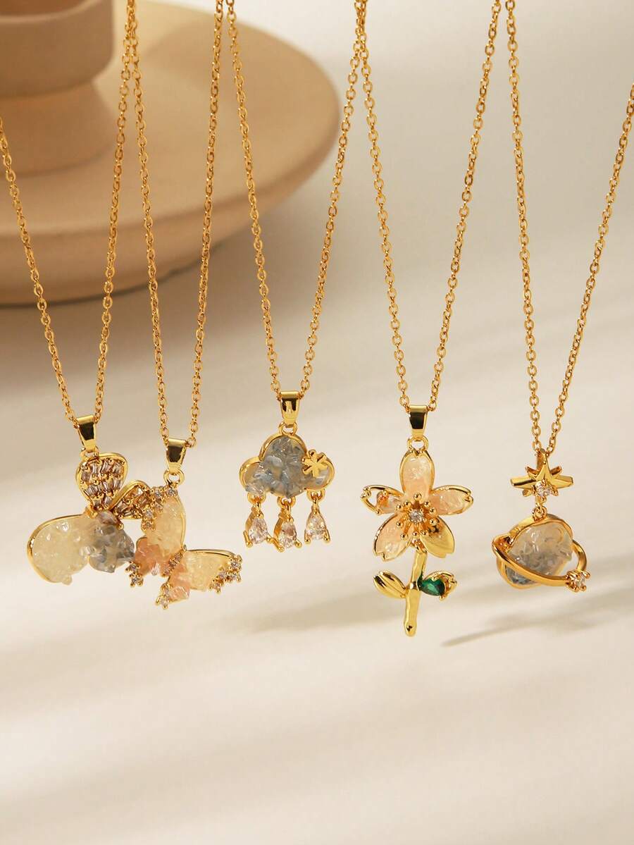 1 件夏季度假风格 5 叶花朵、云朵、蝴蝶、海豚、星星、贝壳吊坠项链，适合女士，日常配饰和派对礼物，可单独佩戴或叠戴