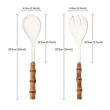1/2pcs Stainless Steel Salad Service Spoon And Fork Set, Wooden Bamboo Handle, Western Style Fruit And Vegetable Mixing Spoon Salad Fork Salad Spoon, Dishwasher Washable,School Supplies - Multicolor - View 2